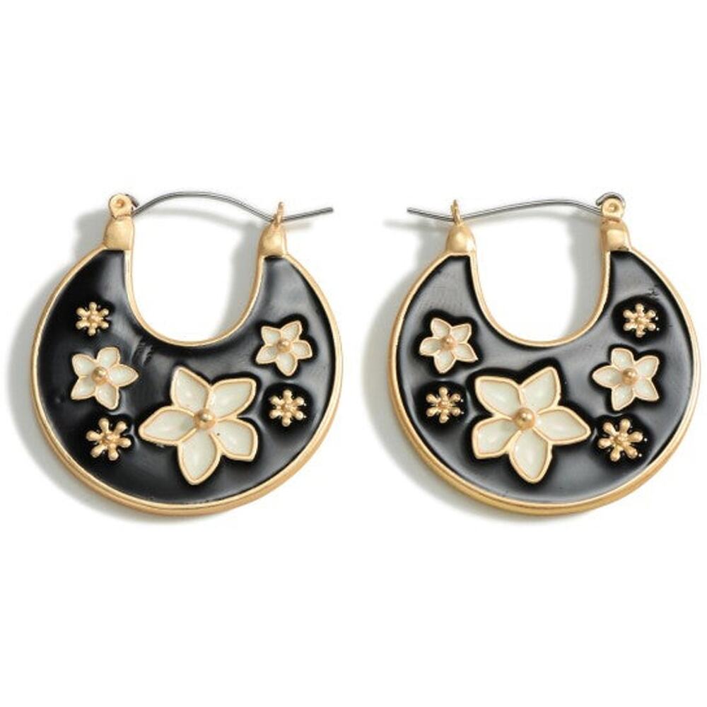Enamel Flower Hoop Earrings | Jet Black | Botanical Everyday Jewelry